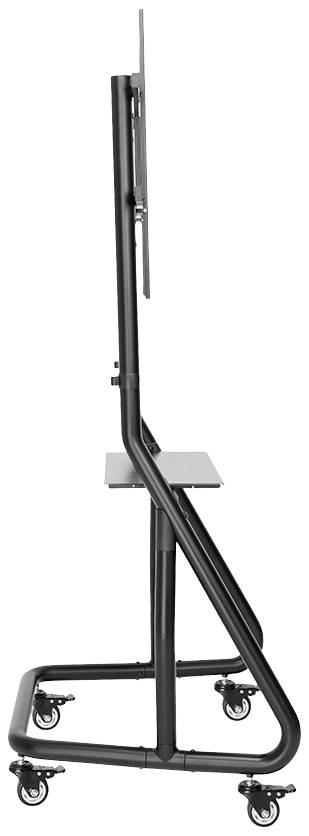 A black, mobile TV stand with castors, shown from the side. The stand is made of metal and has a mounting bracket for a screen.