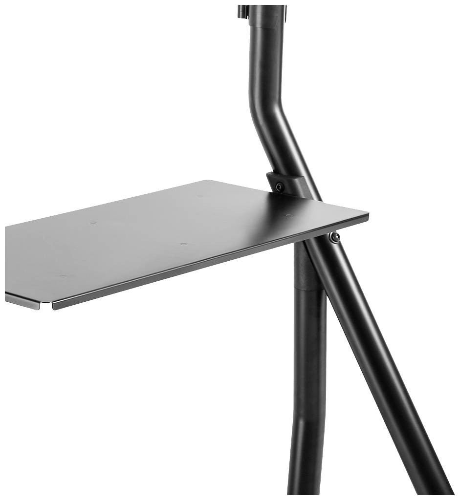 A black, angled shelf on a metal stand, presumably designed for storing books or devices, against a white background.