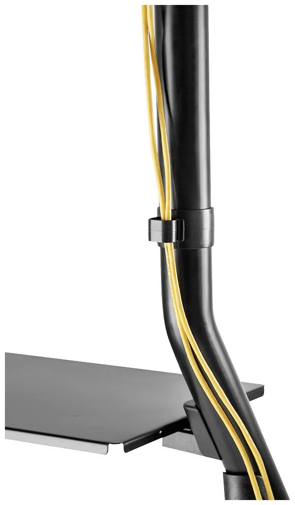 Close-up of a black pipe with yellow cables secured by a cable clip. A table can be seen in the background.