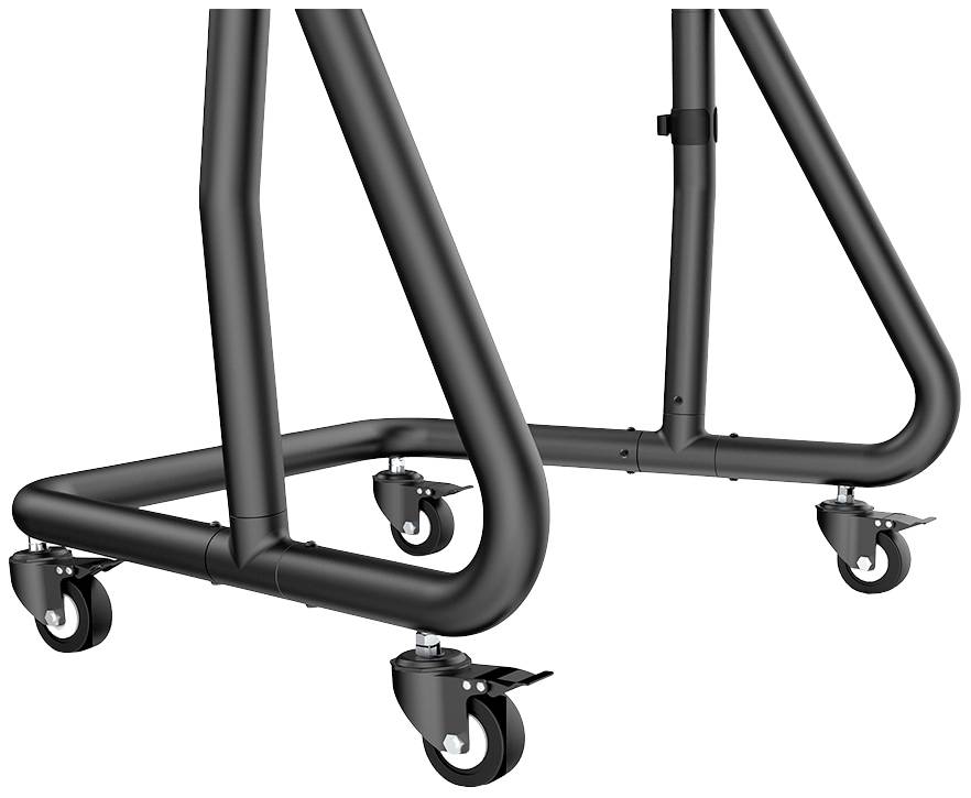 Section of a black metal frame with four lockable castors, suitable for flexible movement and stability of mobile furniture.