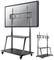 A height-adjustable TV trolley with a mounted television. The trolley has wheels for easy movement and a storage surface. Ideal for presentations.