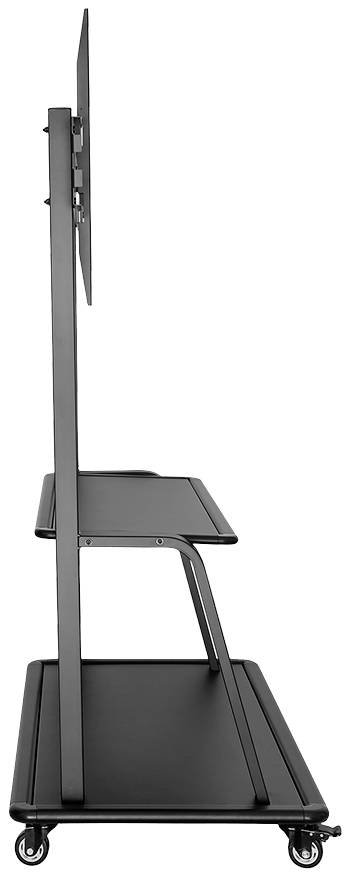 Side view of a black, mobile television stand with wheels and two shelves.