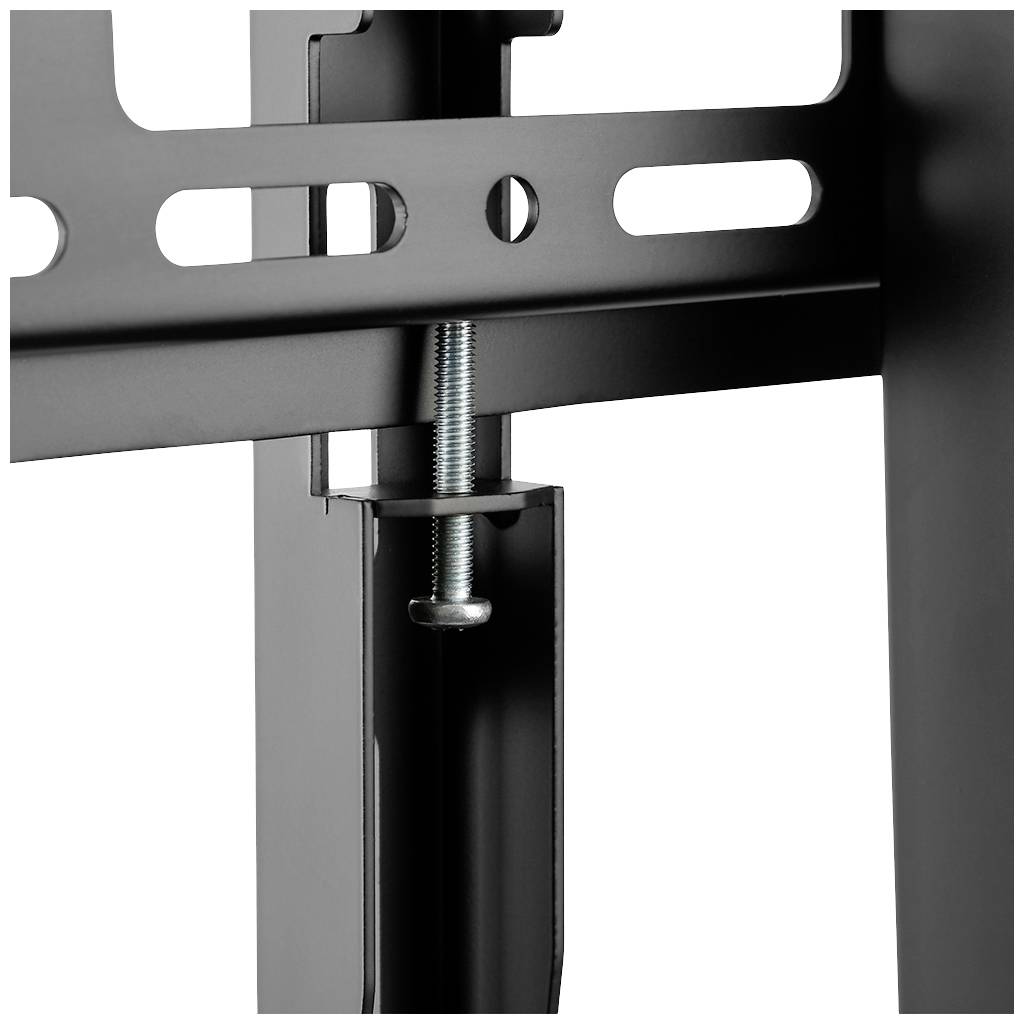 Close-up of a black metal bracket with a screw connecting two parts, showing the detail of a robust mounting construction.