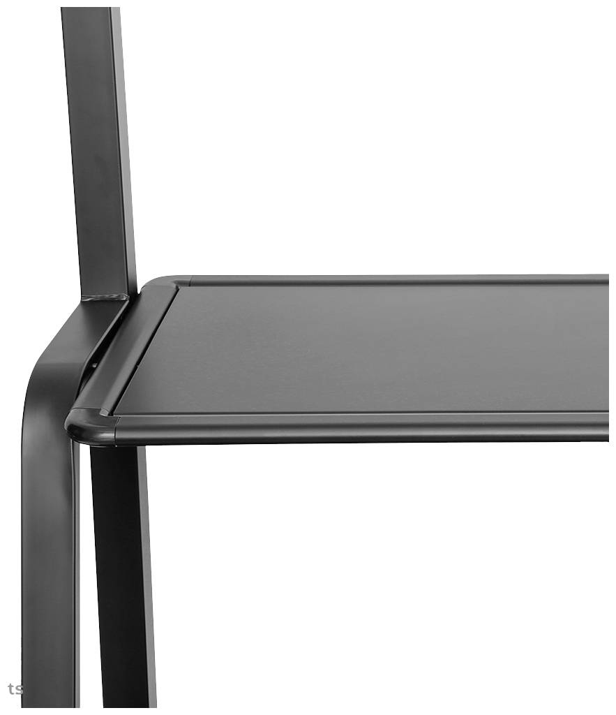 A black chair with straight lines and a smooth seat surface in close-up.