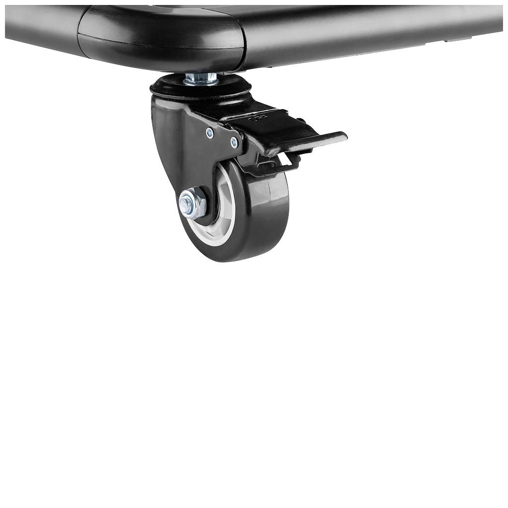 The image shows a black furniture castor with a grey wheel mounted on a metal frame. The wheel is swivel-mounted.