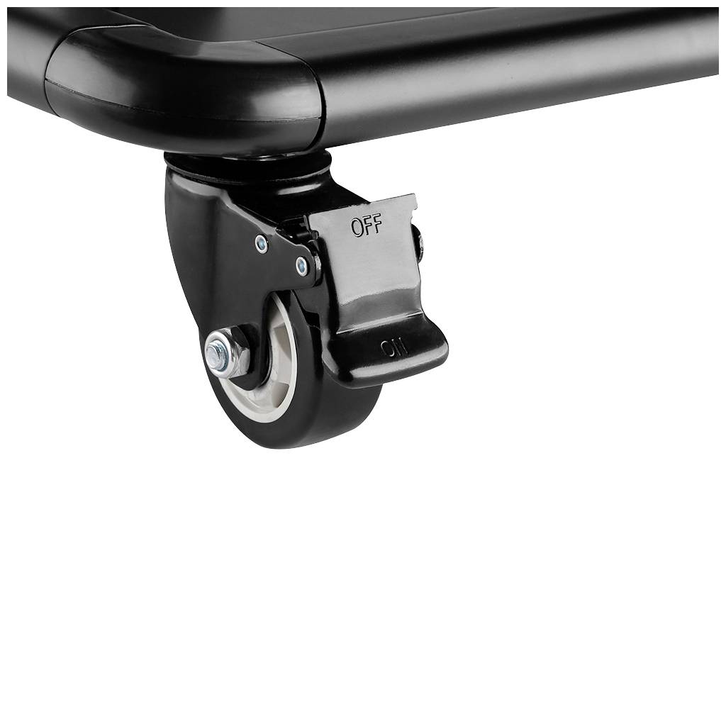 Close-up of a black swivel castor wheel on a piece of furniture with a toggle switch in the 'OFF' position.