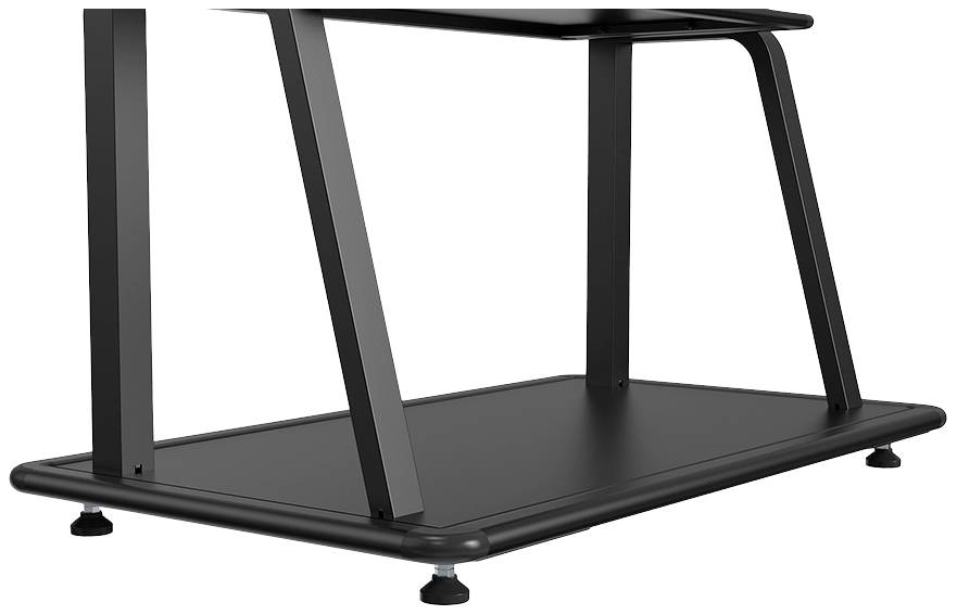 Black desk frame with two angled legs and a sturdy base plate, suitable for office or living spaces.