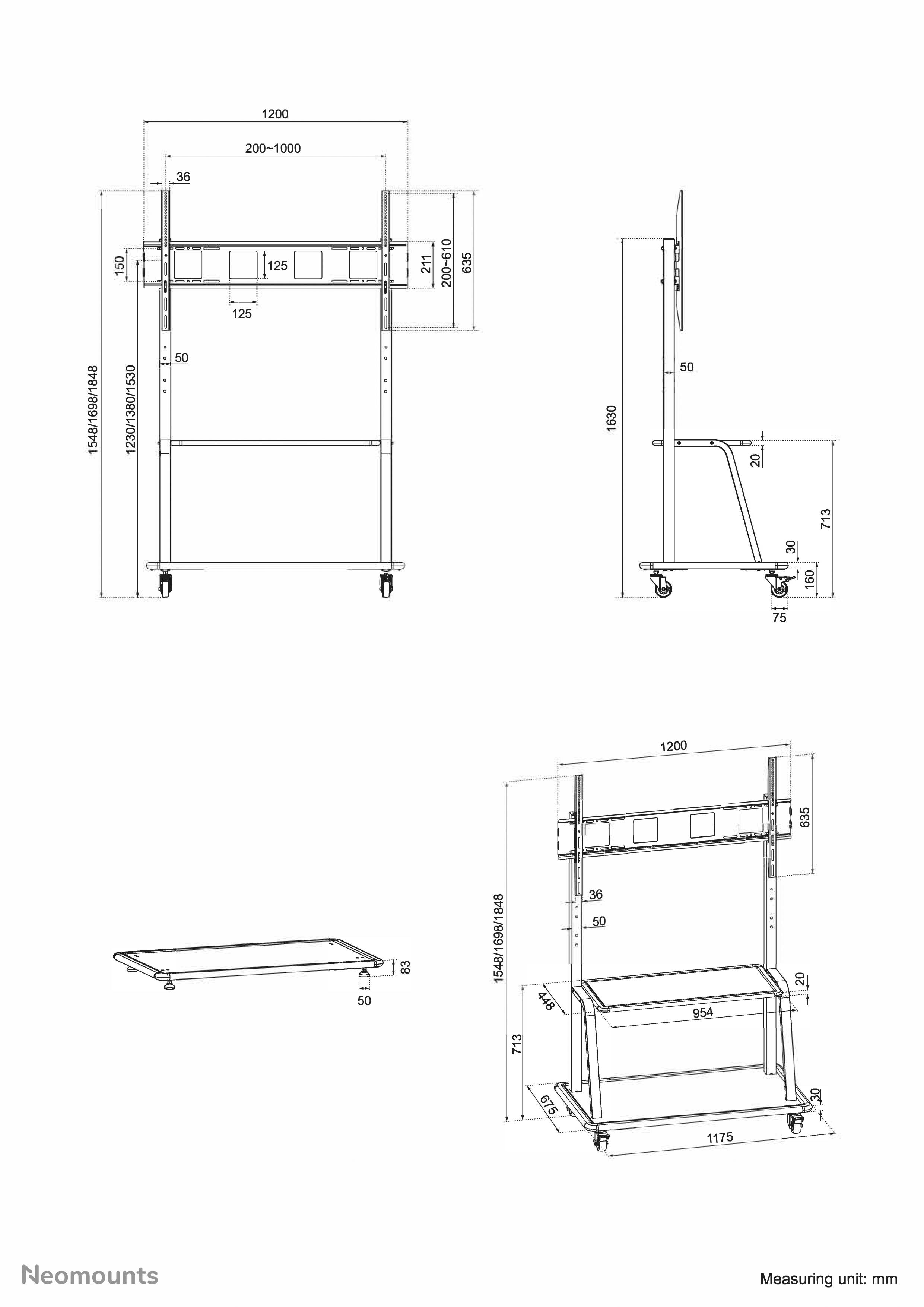 Technical drawing of a monitor stand with dimensions in millimetres. Shows front, side and rear views, including mounting plate.