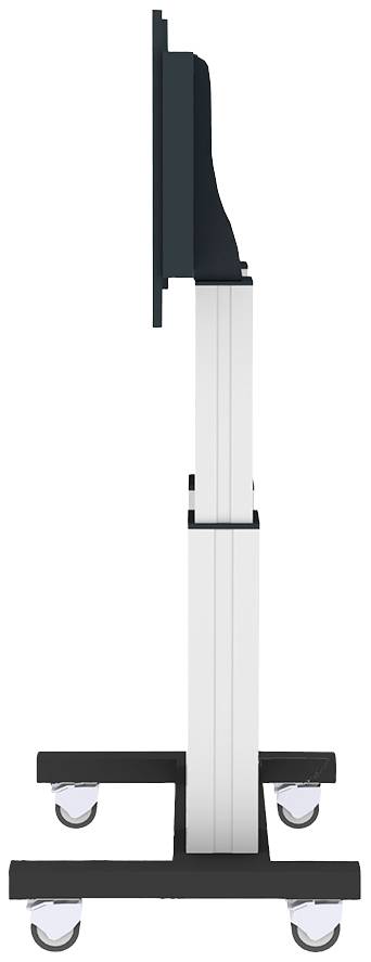 Side view of a mobile TV stand with castors, height-adjustable, suitable for flat-screen displays.
