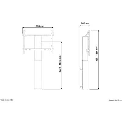 Side and front view of a TV wall mount with dimensions: Width 900 mm, Depth 280 mm, Height adjustable between 1030 and 1530 mm.