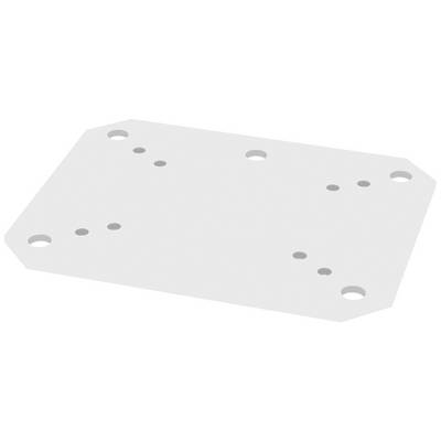 Metal plate with several round holes, symmetrically arranged.