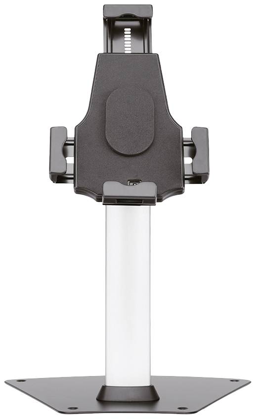 Mount for electronic devices with adjustable clamps and a stable base, suitable for tablets or small screens.
