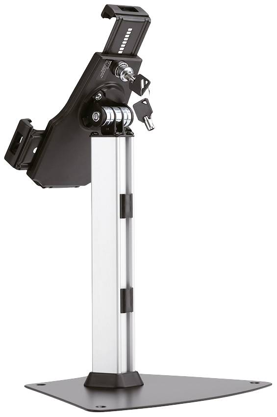 Metal tablet holder with locking mechanism, adjustable arm and sturdy base.