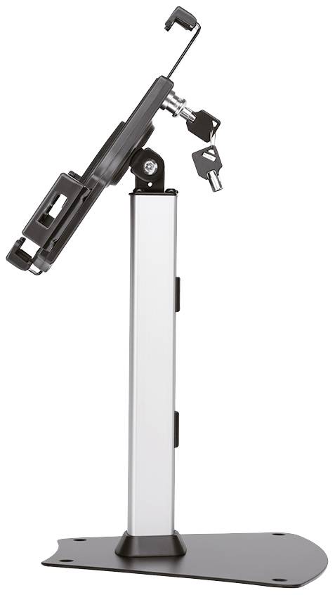 Tablet stand with adjustable arm, security lock, and sturdy base, suitable for use in offices or exhibition spaces.