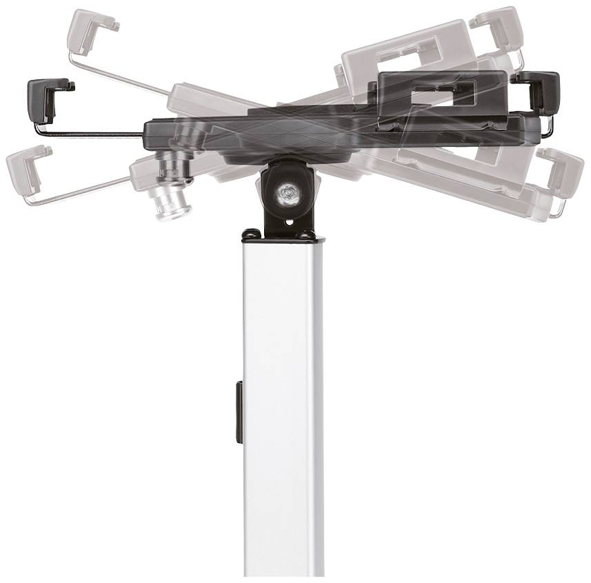 An adjustable tablet mounting head on a stand, showing how it can be rotated and tilted.
