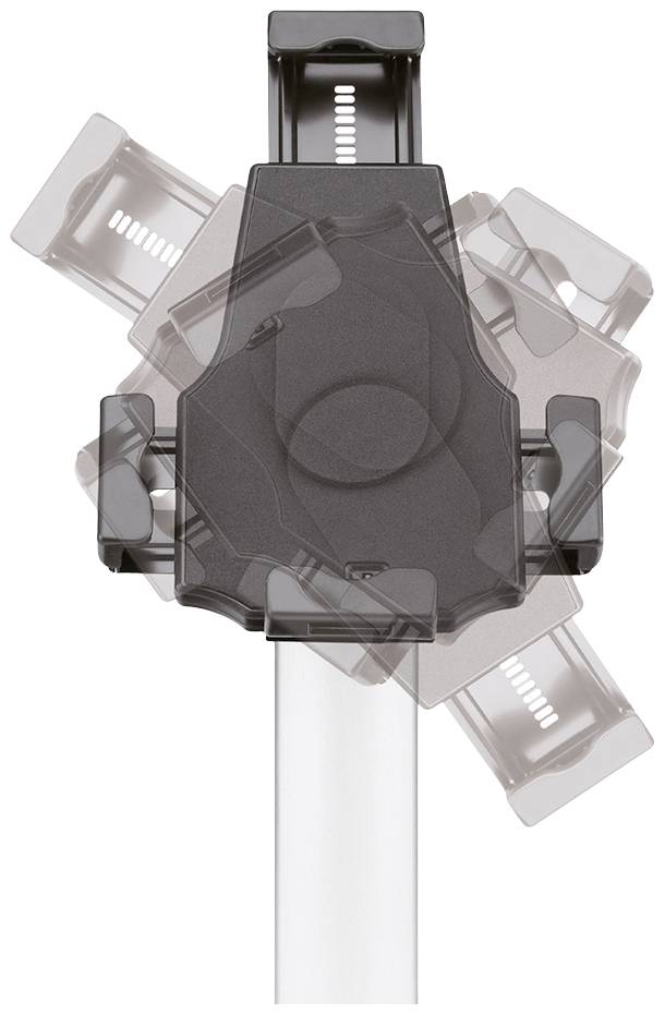 Illustration of an adjustable tablet holder with multiple positions for mounting on a stand. Primarily in black and grey.