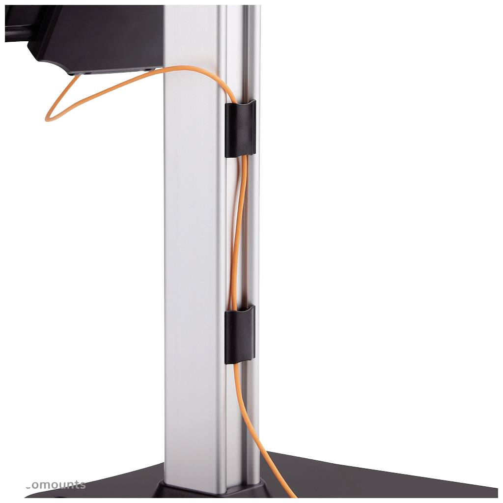 A cable management system shows an orange cable neatly secured along a silver metal stand.