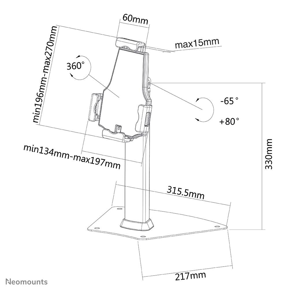 A technical drawing of an adjustable-height tablet stand with a pivoting and tilting mount. Dimensions and tilt angles are specified.