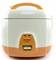 Rice cooker with an orange and white casing, front view. Controls featuring settings for 'Cooking' and 'Keep Warm'.