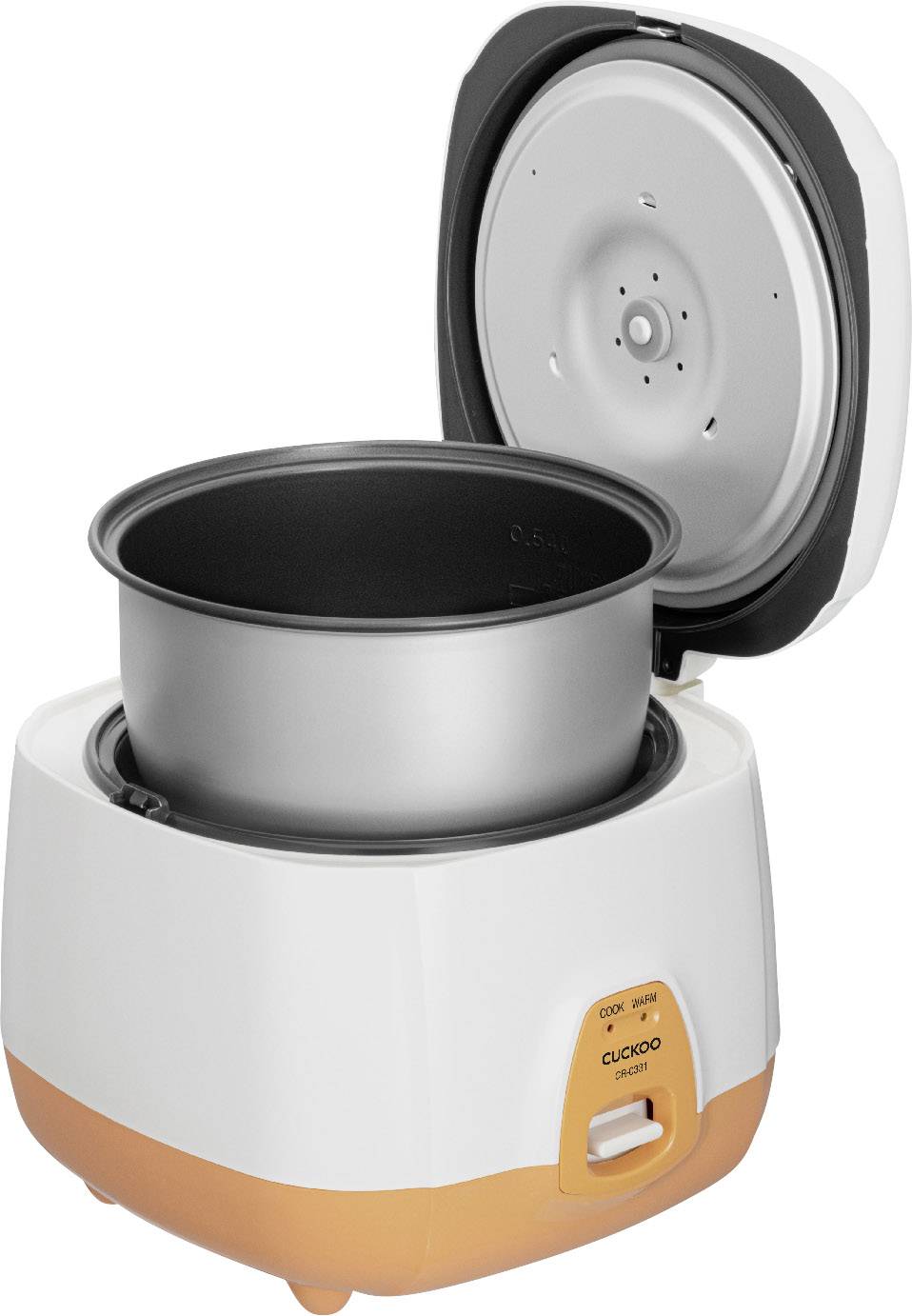 Electric rice cooker with open lid and removable inner pot, ready to cook or serve rice.