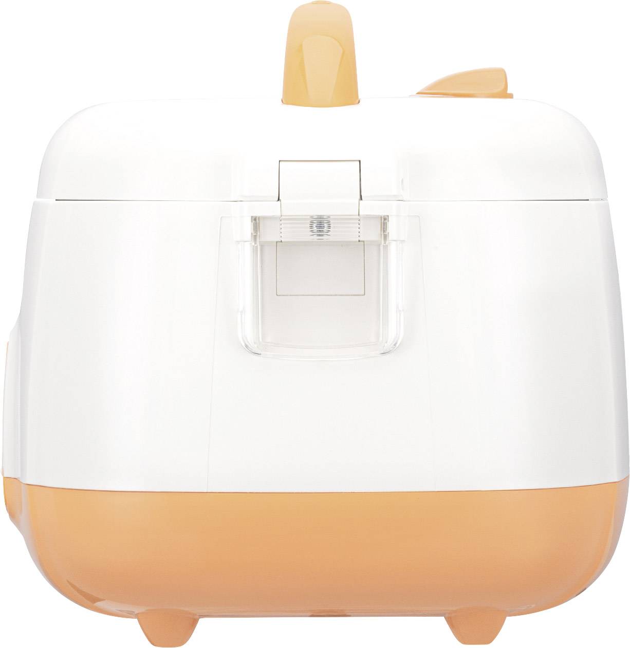Electric lunch box made of white and orange plastic with a carrying handle. Front shows a transparent lid closure.