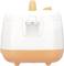 Electric lunch box made of white and orange plastic with a carrying handle. Front shows a transparent lid closure.