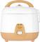 Orange and white rice cooker with carrying handle and two functions: 'Cook' and 'Warm'.