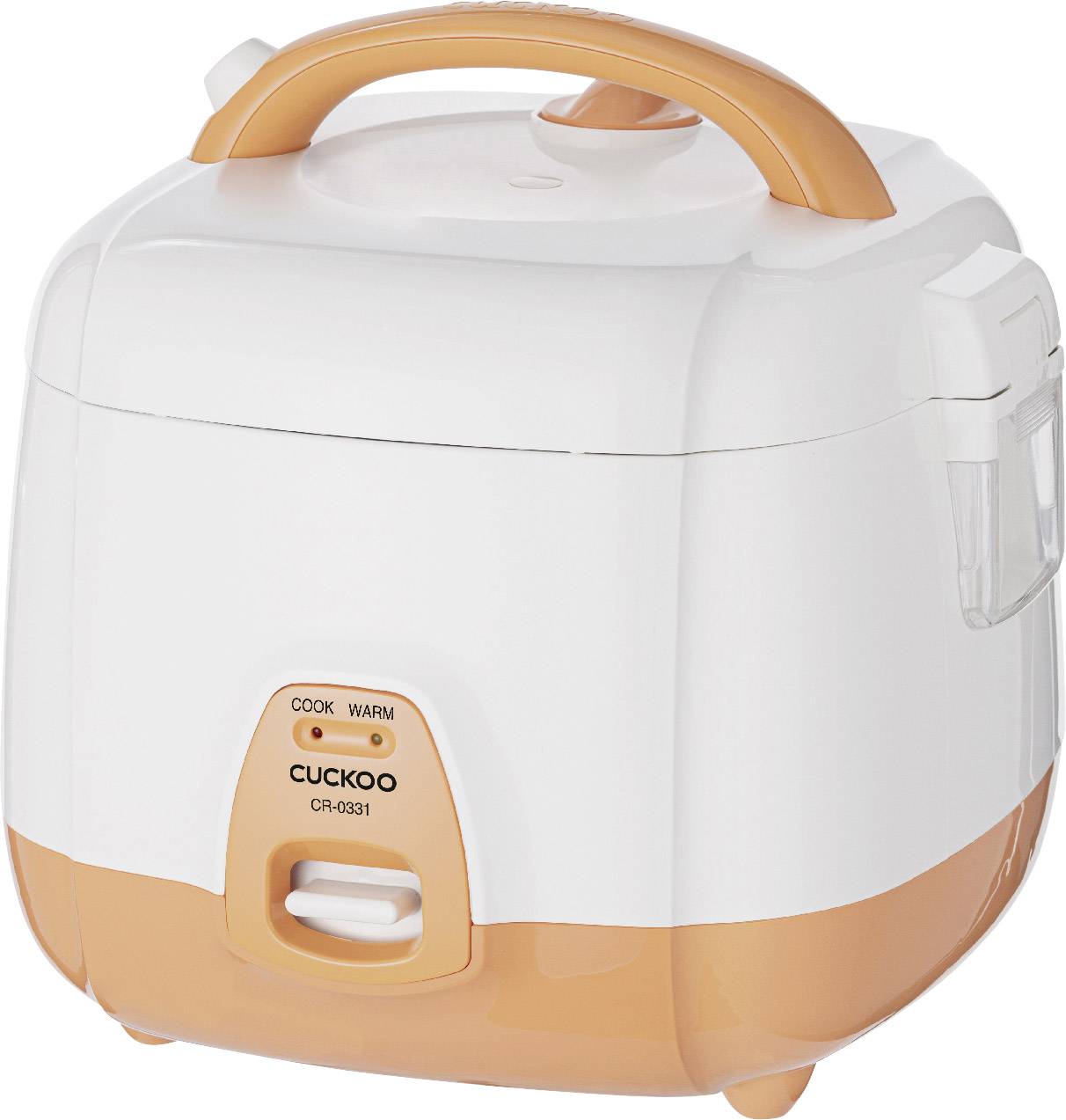 A white and orange electric rice cooker, displaying options for cooking and keeping food warm.