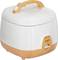 A white and orange electric rice cooker with a carry handle and a control panel on the front.