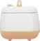 A compact electric rice cooker with an orange base and a white lid. Perfect for small kitchens.