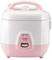 White and pink rice cooker with handle, with 'Cook' and 'Warm' indicator lights. Brand 'Cuckoo'.