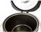 An open rice cooker shows its black interior. The lid is also visibly open.