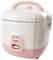 Rice cooker in pink and white with carry handle. Two operating modes: 'Cooking' and 'Keep Warm'. Suitable for cooking rice.