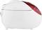A white, oval rice cooker with a red accent. The lid is closed. Suitable for cooking rice and other dishes.