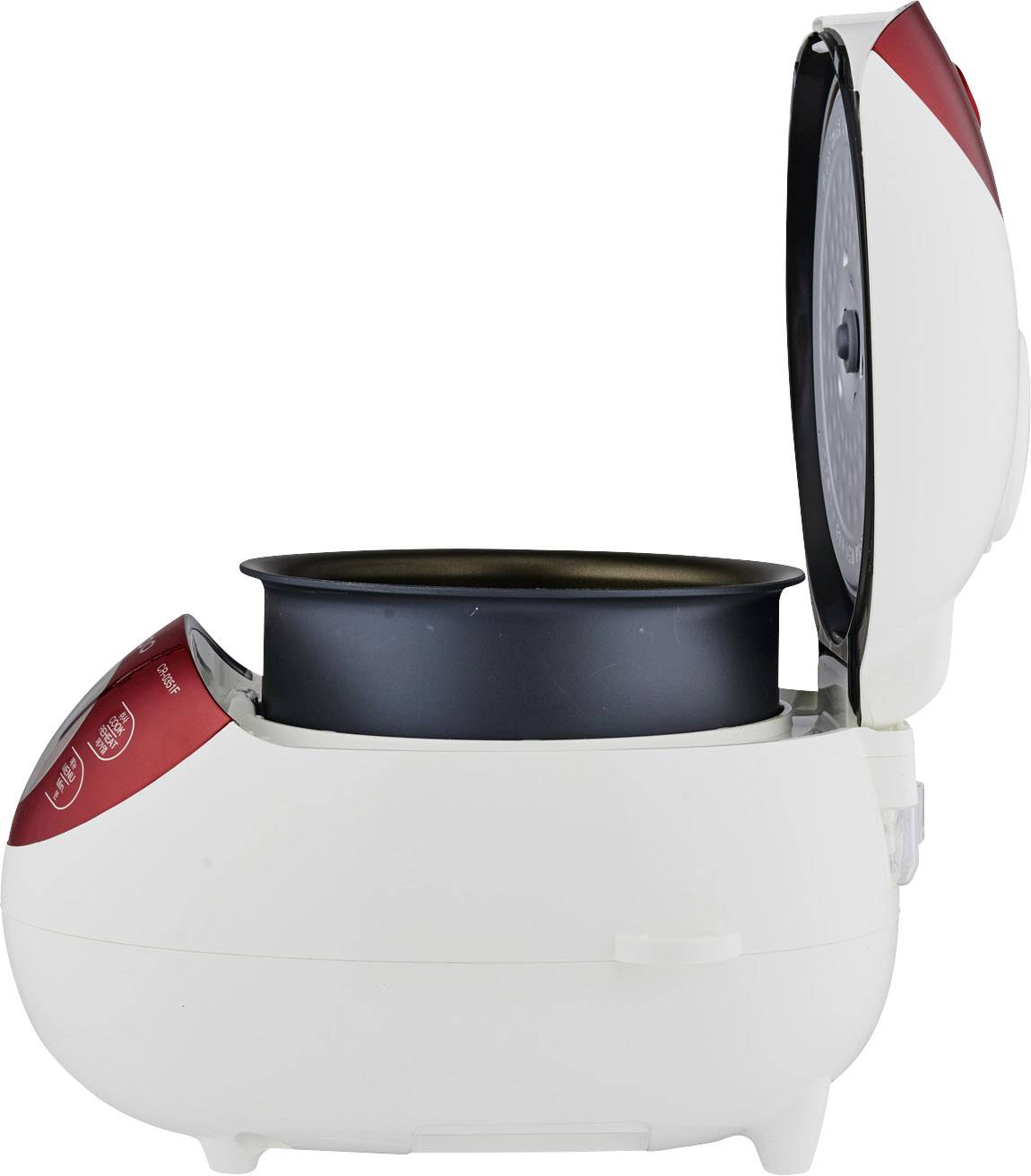 A rice cooker with an open lid, red control panel, and black inner pot.