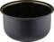 Black, round inner pot of a rice cooker with measurement scale on the inside. Suitable for preparing rice and other dishes.