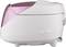 A white and pink electric rice cooker with a closed lid. Control buttons are visible on the side.