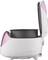 An opened electric rice cooker with a pink and white casing reveals the removable pot inside.