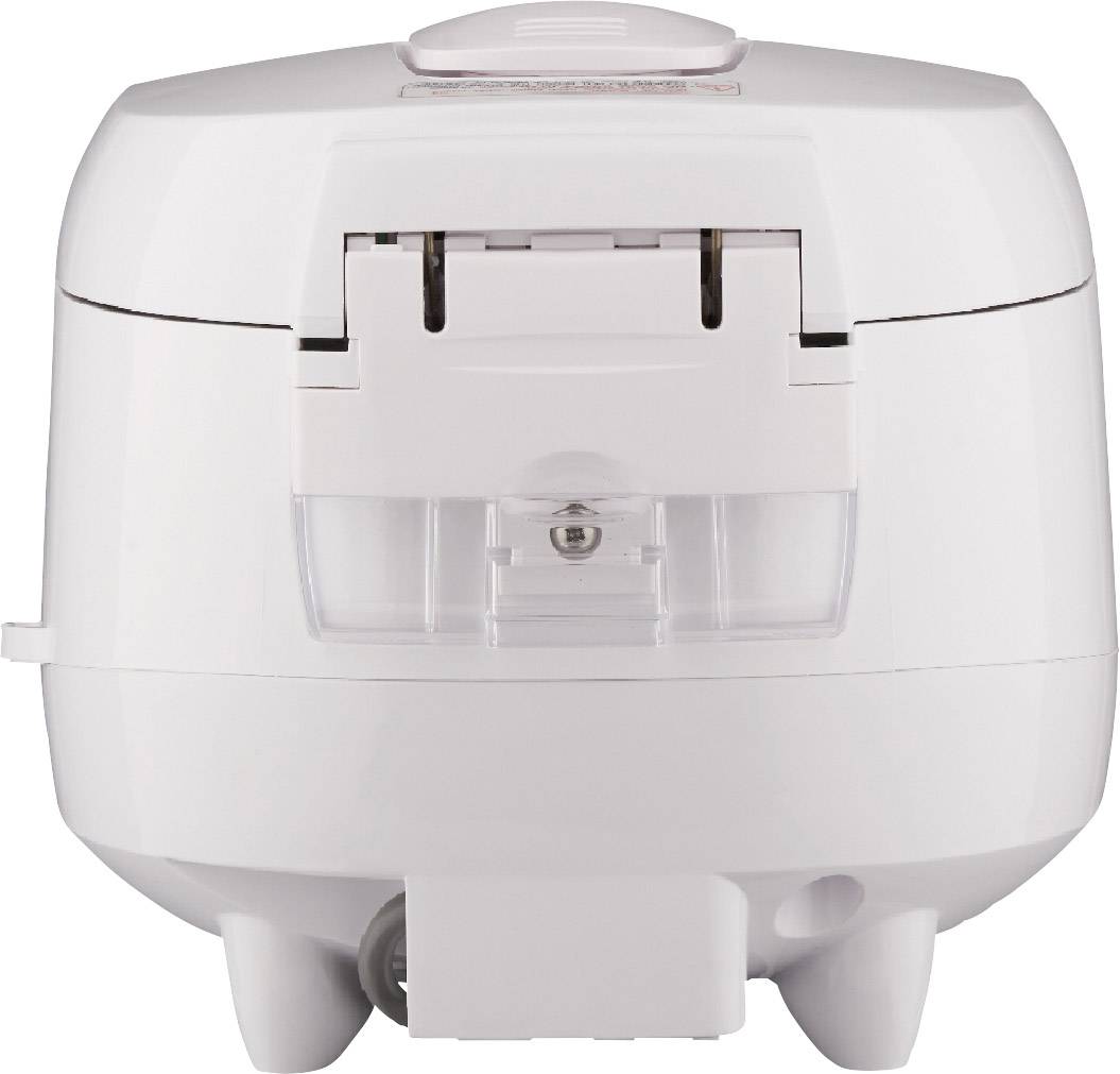 A white rice cooker with a closed lid. Visible control button on the front. Designed for cooking rice.