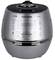 A silver rice cooker with a control panel and display. Brand name visible at the top. Features multiple cooking modes and setting buttons.