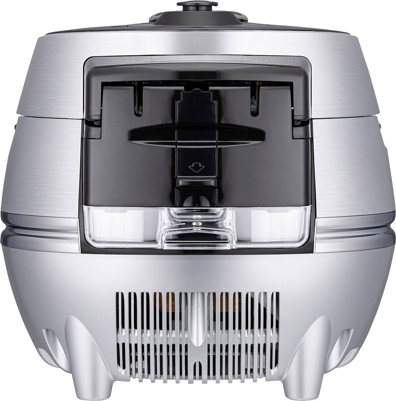 A silver juicer with a black front panel and a transparent juice collection container. Modern, compact design.