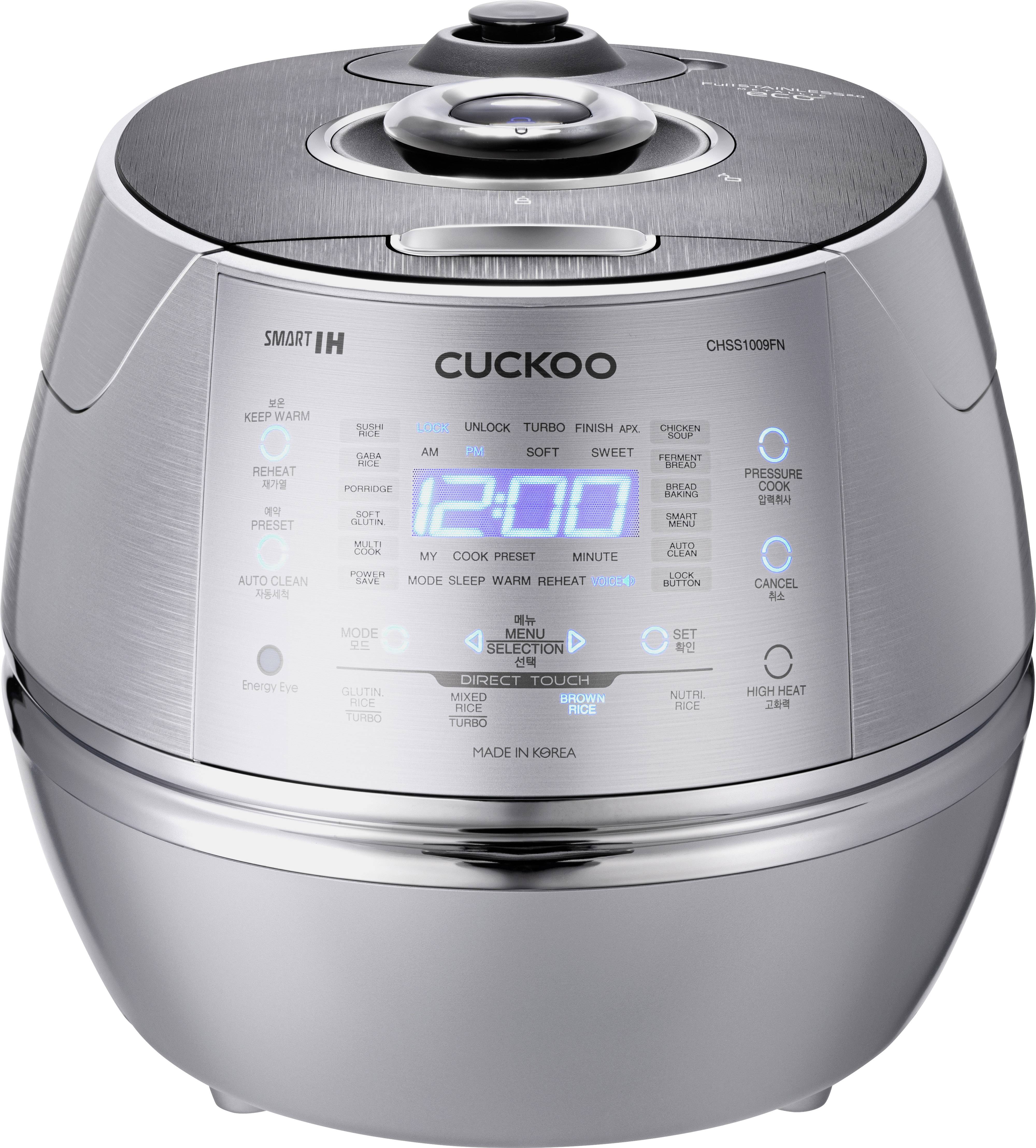 A silver modern rice cooker with a digital display that glows blue. Various buttons for controlling different cooking programmes.