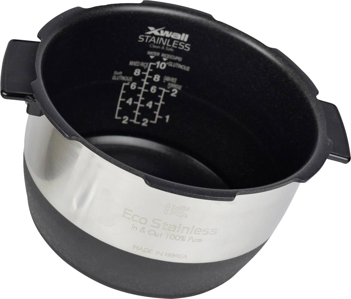 Stainless steel and plastic saucepan with interior measuring scale. Upper section in black, lower area in glossy material.