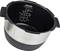 Stainless steel and plastic saucepan with interior measuring scale. Upper section in black, lower area in glossy material.
