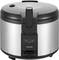 Metal rice cooker with a black lid, marked with 'Cook' and 'Warm', brand 'Cuckoo', standing on a flat surface.