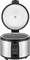 Rice cooker with open lid, showing interior. Silver casing, digital display on the front. Brand name at the bottom.