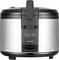 A silver electric rice cooker with a black lid and handle. On the front are switches for 'Cook' and 'Warm'.