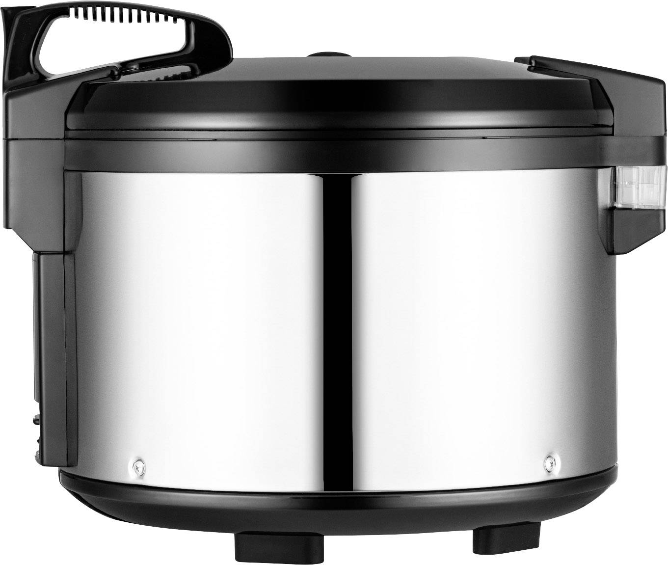 A modern stainless steel rice cooker with a black lid and handle; suitable for cooking rice in large quantities.