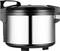 A modern stainless steel rice cooker with a black lid and handle; suitable for cooking rice in large quantities.