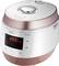 A digital multi-function electric cooker with a digital clock display shows 12:00. The appliance has a rose gold and white surface.